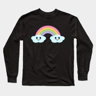 Kawaii Cute Happy Rainbow and Clouds in Black Long Sleeve T-Shirt